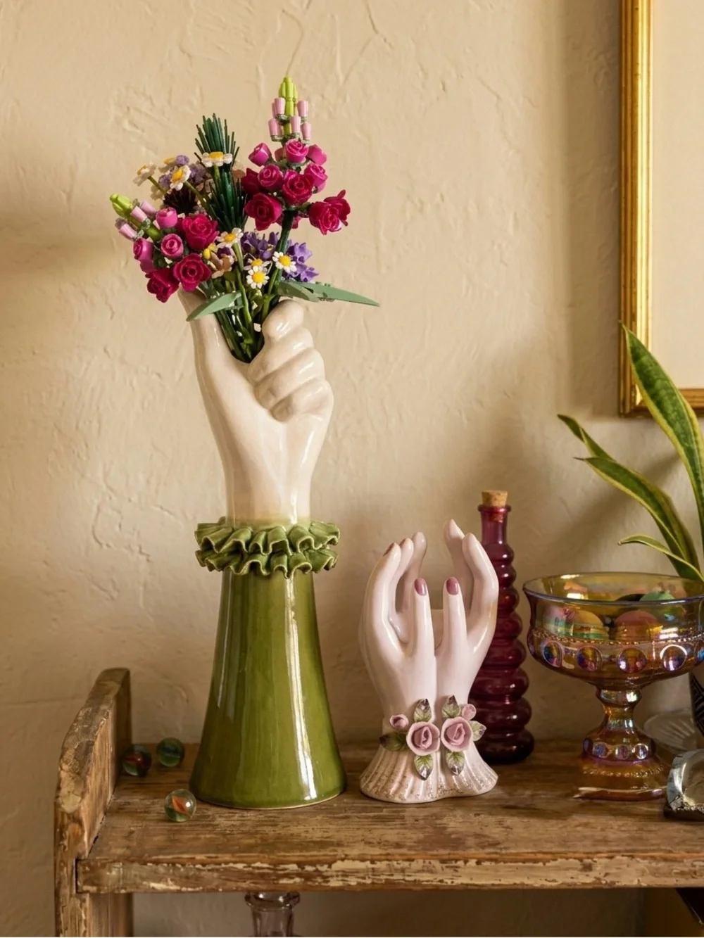 Vintage Green Ruffle Sleeve Ceramic Hand Vase Kitschy Mid Century Decor Coquette
